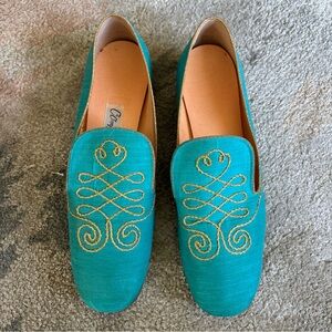 Vintage Oomphies Turquoise Silk Slip-On USA Loafers Handmade Gold Trim Sz 8 EUC